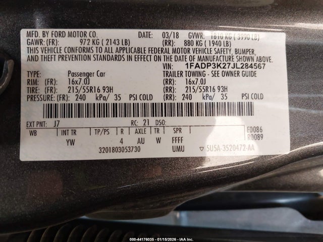 1FADP3K27JL284567 Ford FOCUS SE