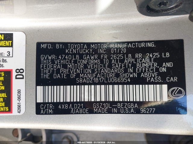 44176089 :رقم المزاد ، 58ADZ1B17LU066954 vin ، 2020 Lexus Es 350 مزاد بيع