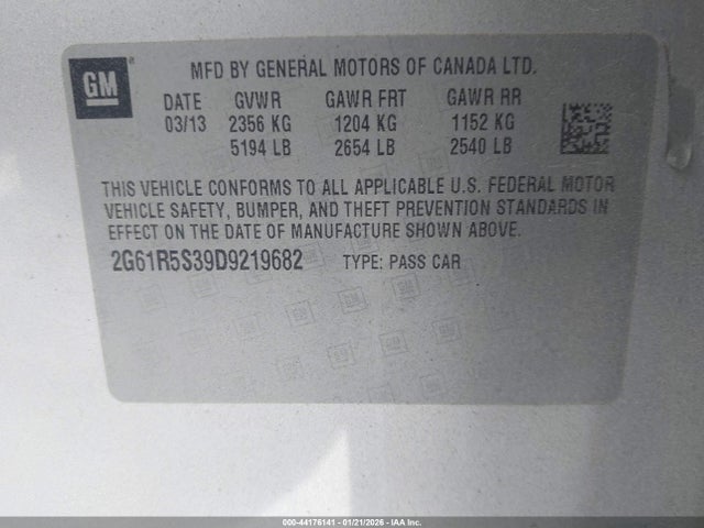44176141 :رقم المزاد ، 2G61R5S39D9219682 vin ، 2013 Cadillac Xts Luxury مزاد بيع