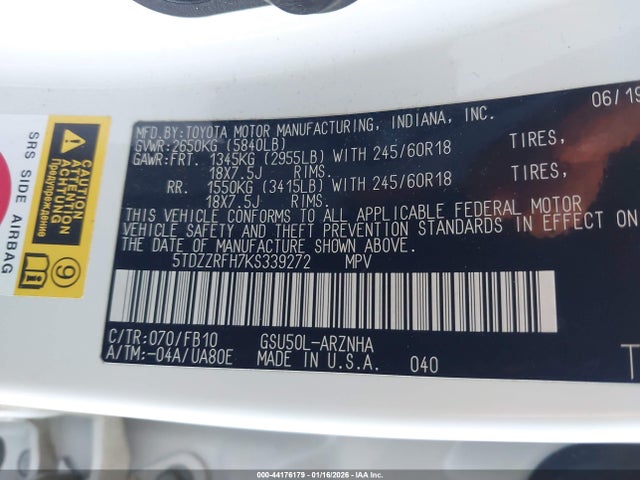 5TDZZRFH7KS339272 Toyota Highlander Le