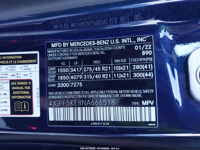 Aukcja sprzedaży 2022 Mercedes-benz Gls 450 4matic, vin: 4JGFF5KE8NA666518, numer aukcji: 44176208