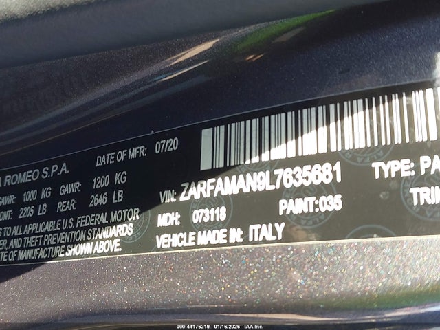 44176219 :رقم المزاد ، ZARFAMAN9L7635681 vin ، 2020 Alfa Romeo Giulia Rwd مزاد بيع