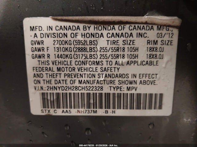 Продаж на аукціоні авто 2012 Acura Mdx, vin: 2HNYD2H28CH522328, номер лоту: 44176228