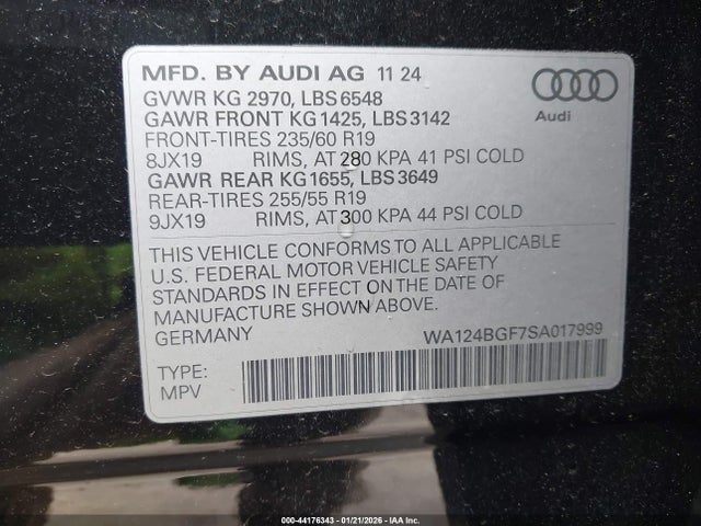 44176343 :رقم المزاد ، WA124BGF7SA017999 vin ، 2025 Audi Q6 E-tron Premium Plus Quattro مزاد بيع