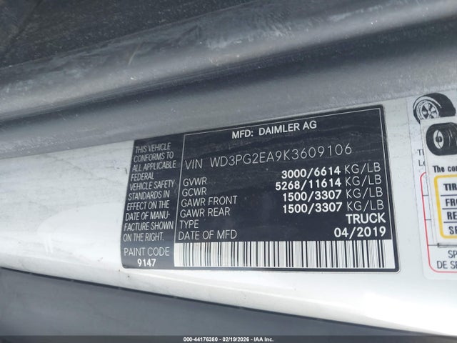 44176380 :رقم المزاد ، WD3PG2EA9K3609106 vin ، 2019 Mercedes-benz Metris مزاد بيع