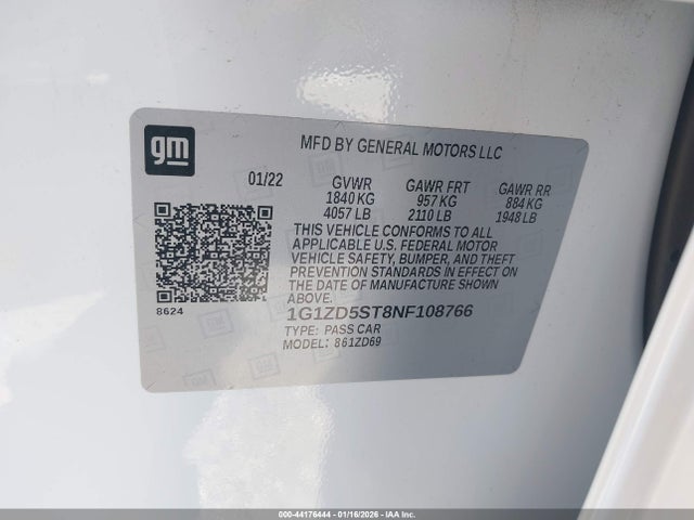 1G1ZD5ST8NF108766 Chevrolet Malibu Fwd Lt