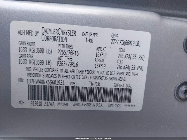 44176554 :رقم المزاد ، 1D7HW48NX6S601931 vin ، 2006 Dodge Dakota Slt مزاد بيع