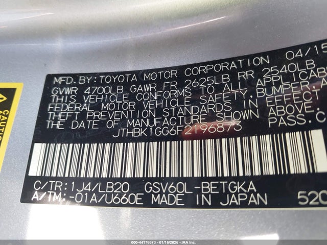 Aukcja sprzedaży 2015 Lexus Es 350, vin: JTHBK1GG6F2196873, numer aukcji: 44176573