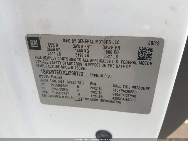 44176577 :رقم المزاد ، 1GKKRTED7CJ390772 vin ، 2012 Gmc Acadia Denali مزاد بيع