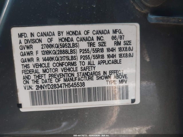 44176771 :رقم المزاد ، 2HNYD28347H545538 vin ، 2007 Acura Mdx Technology Package مزاد بيع