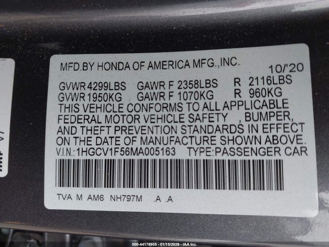 1HGCV1F56MA005163 Honda Accord Ex-l