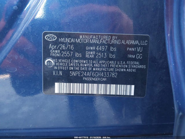 5NPE24AF6GH433782 Hyundai SONATA SE