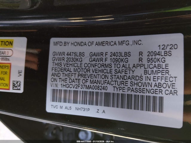 2021 Honda Accord Sport 2.0t მანქანა იყიდება აუქციონზე, vin: 1HGCV2F37MA008240, აუქციონის ნომერი: 44177050