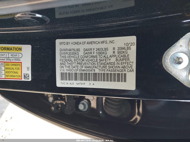 Продаж на аукціоні авто 2021 Honda Accord Sport 2.0t, vin: 1HGCV2F30MA000478, номер лоту: 44177079