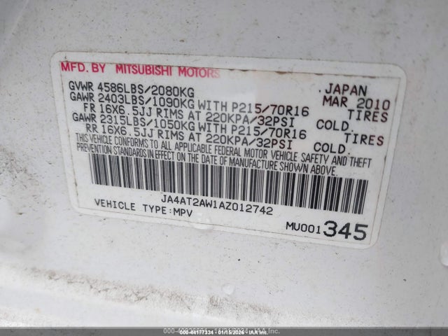 44177334 :رقم المزاد ، JA4AT2AW1AZ012742 vin ، 2010 Mitsubishi Outlander Es مزاد بيع