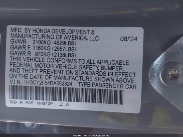 2024 Honda Accord Hybrid Sport მანქანა იყიდება აუქციონზე, vin: 1HGCY2F54RA092324, აუქციონის ნომერი: 44177371