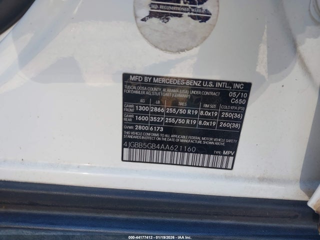 44177412 :رقم المزاد ، 4JGBB5GB4AA621160 vin ، 2010 Mercedes-benz Ml 350 مزاد بيع