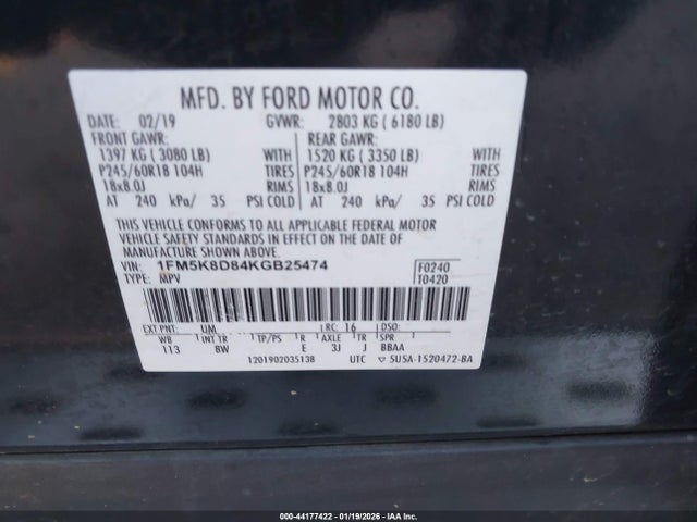 Aukcja sprzedaży 2019 Ford Explorer Xlt, vin: 1FM5K8D84KGB25474, numer aukcji: 44177422