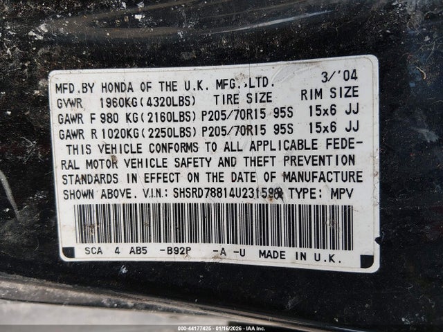 44177425 :رقم المزاد ، SHSRD78814U231598 vin ، 2004 Honda Cr-v Ex مزاد بيع