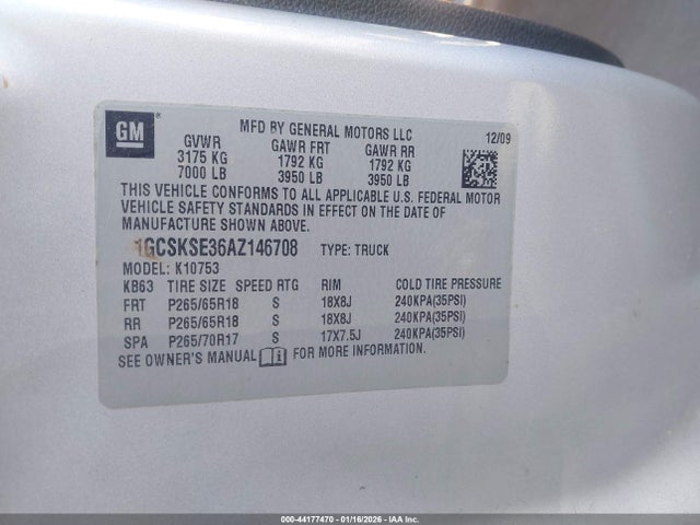 44177470 :رقم المزاد ، 1GCSKSE36AZ146708 vin ، 2010 Chevrolet Silverado 1500 Lt مزاد بيع