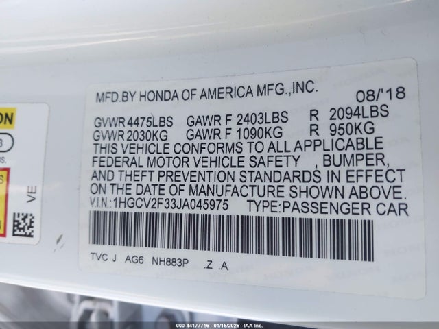 2018 Honda Accord Sport 2.0t მანქანა იყიდება აუქციონზე, vin: 1HGCV2F33JA045975, აუქციონის ნომერი: 44177716