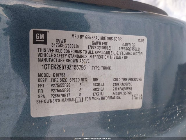Aukcja sprzedaży 2009 Gmc Sierra 1500 Sle, vin: 1GTEK29079Z155796, numer aukcji: 44177766