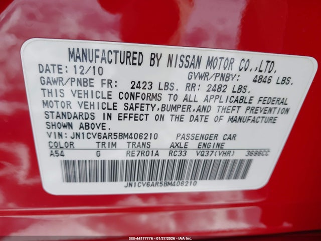 Aukcja sprzedaży 2011 Infiniti G37x, vin: JN1CV6AR5BM406210, numer aukcji: 44177776
