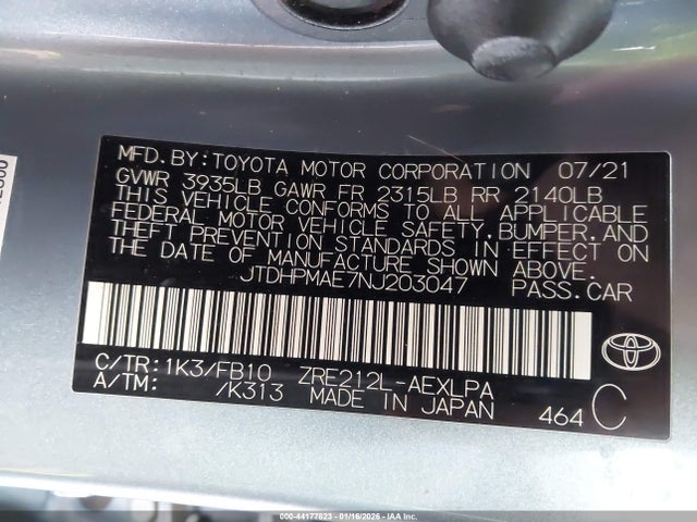 44177823 :رقم المزاد ، JTDHPMAE7NJ203047 vin ، 2022 Toyota Corolla Le مزاد بيع