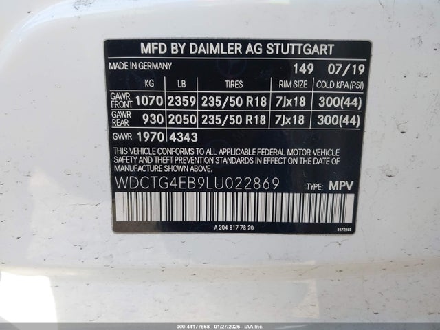 Aukcja sprzedaży 2020 Mercedes-benz Gla 250, vin: WDCTG4EB9LU022869, numer aukcji: 44177868