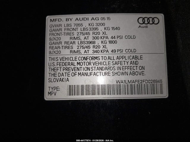 Продажа на аукционе авто 2015 Audi Q7 3.0 Tdi Premium, vin: WA1LMAFE2FD026945, номер лота: 44177874
