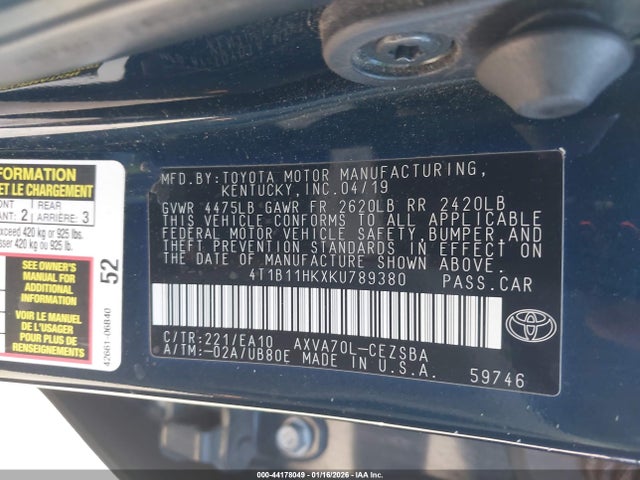Toyota CAMRY SE 2019 4T1B11HKXKU789380 Image 9