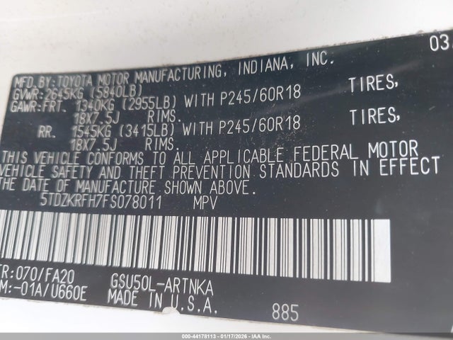 5TDZKRFH7FS078011 Toyota Highlander Le Plus V6