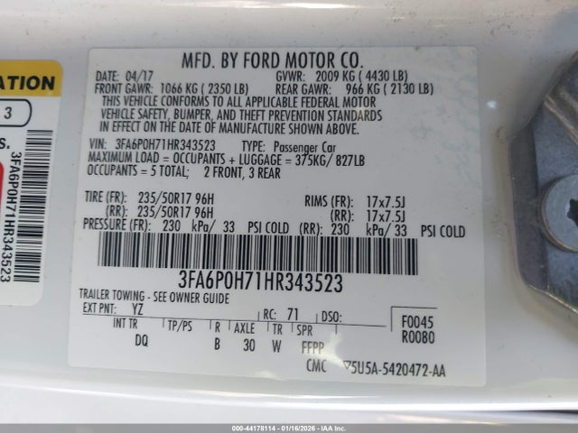 Ford FUSION SE 2017 3FA6P0H71HR343523 Image 9