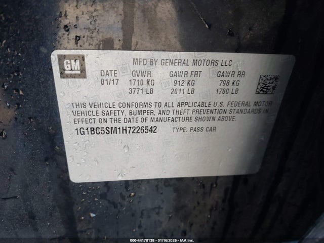 2017 Chevrolet Cruze Ls Auto მანქანა იყიდება აუქციონზე, vin: 1G1BC5SM1H7226542, აუქციონის ნომერი: 44178138