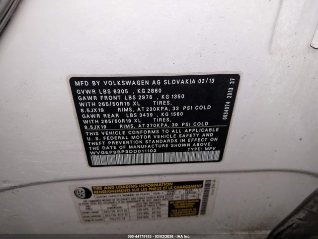 2013 Volkswagen Touareg Tdi Lux მანქანა იყიდება აუქციონზე, vin: WVGEP9BP3DD011102, აუქციონის ნომერი: 44178153