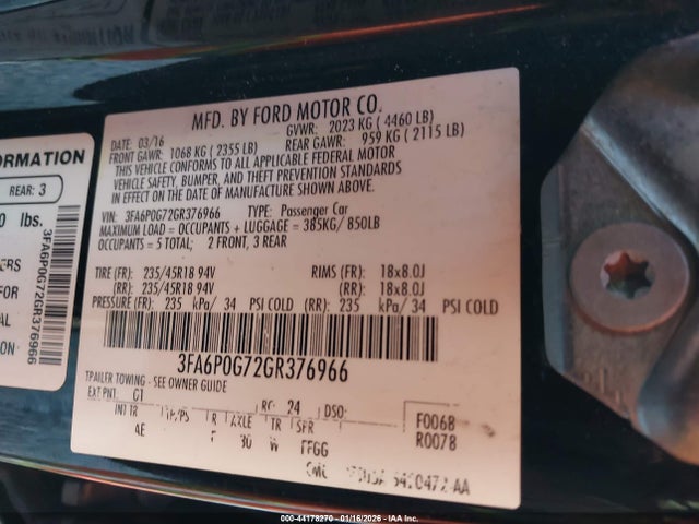 Ford FUSION S 2016 3FA6P0G72GR376966 Image 9