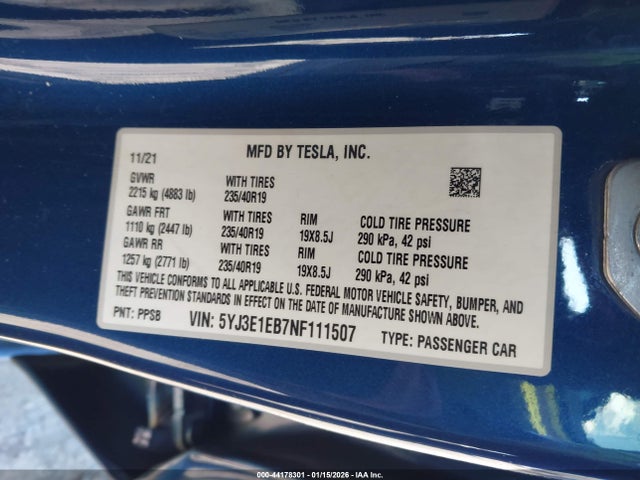 44178301 :رقم المزاد ، 5YJ3E1EB7NF111507 vin ، 2022 Tesla Model 3 Long Range Dual Motor All-wheel Drive مزاد بيع