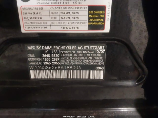 44178344 :رقم المزاد ، WDDNG86X68A188006 vin ، 2008 Mercedes-benz S 550 4matic مزاد بيع