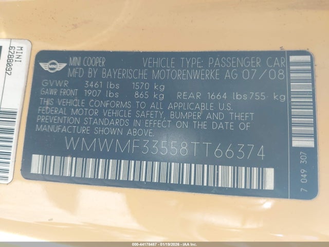 2008 MINI COOPER WMWMF33558TT66374 Photo 8