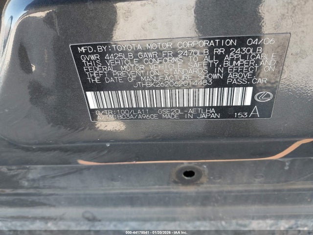 44178541 :رقم المزاد ، JTHBK262062014483 vin ، 2006 Lexus Is 250 مزاد بيع