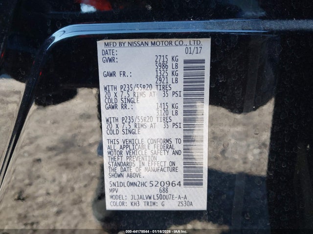 44178544 :رقم المزاد ، 5N1DL0MN2HC520964 vin ، 2017 Infiniti Qx60 مزاد بيع