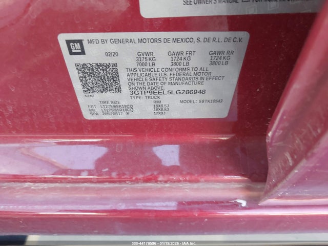 44178596 :رقم المزاد ، 3GTP9EEL5LG286948 vin ، 2020 Gmc Sierra 1500 4wd  Short Box At4 مزاد بيع