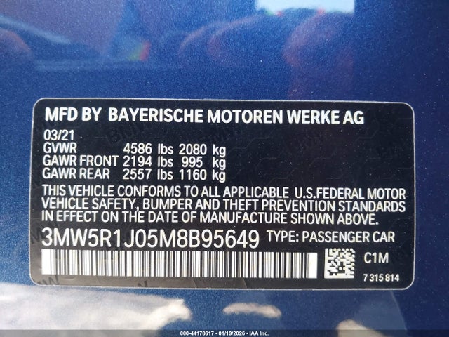 2021 Bmw 330i მანქანა იყიდება აუქციონზე, vin: 3MW5R1J05M8B95649, აუქციონის ნომერი: 44178617