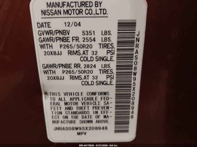 44178626 :رقم المزاد ، JNRAS08W95X208948 vin ، 2005 Infiniti Fx35 مزاد بيع