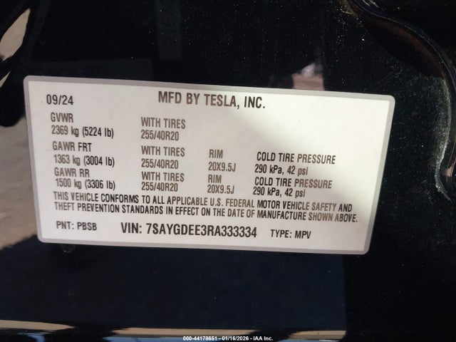 44178651 :رقم المزاد ، 7SAYGDEE3RA333334 vin ، 2024 Tesla Model Y Long Range Dual Motor All-wheel Drive مزاد بيع
