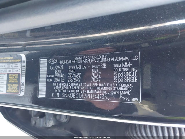 44178680 :رقم المزاد ، 5NMJBCDE7RH344735 vin ، 2024 Hyundai Tucson Sel مزاد بيع