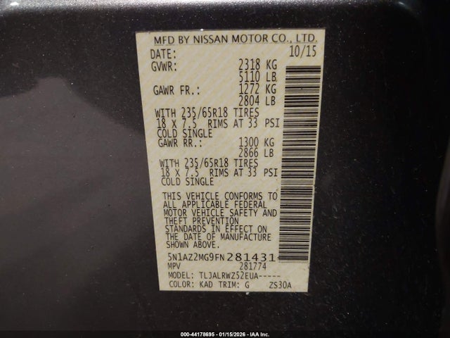 5N1AZ2MG9FN281431 Nissan MURANO SL