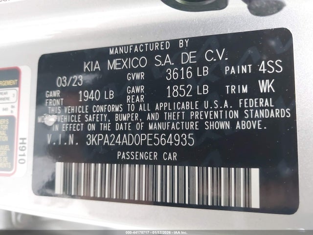 2023 Kia Rio S მანქანა იყიდება აუქციონზე, vin: 3KPA24AD0PE564935, აუქციონის ნომერი: 44178717