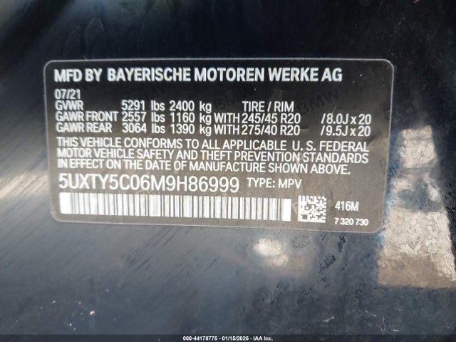 44178775 :رقم المزاد ، 5UXTY5C06M9H86999 vin ، 2021 Bmw X3 Xdrive30i مزاد بيع