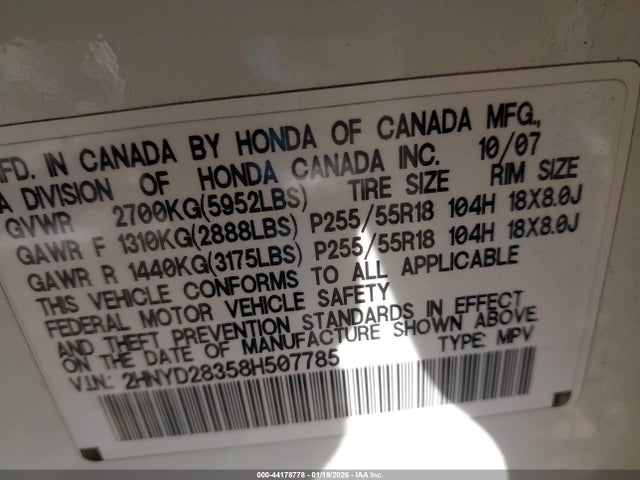 Aukcja sprzedaży 2008 Acura Mdx Technology Package, vin: 2HNYD28358H507785, numer aukcji: 44178778